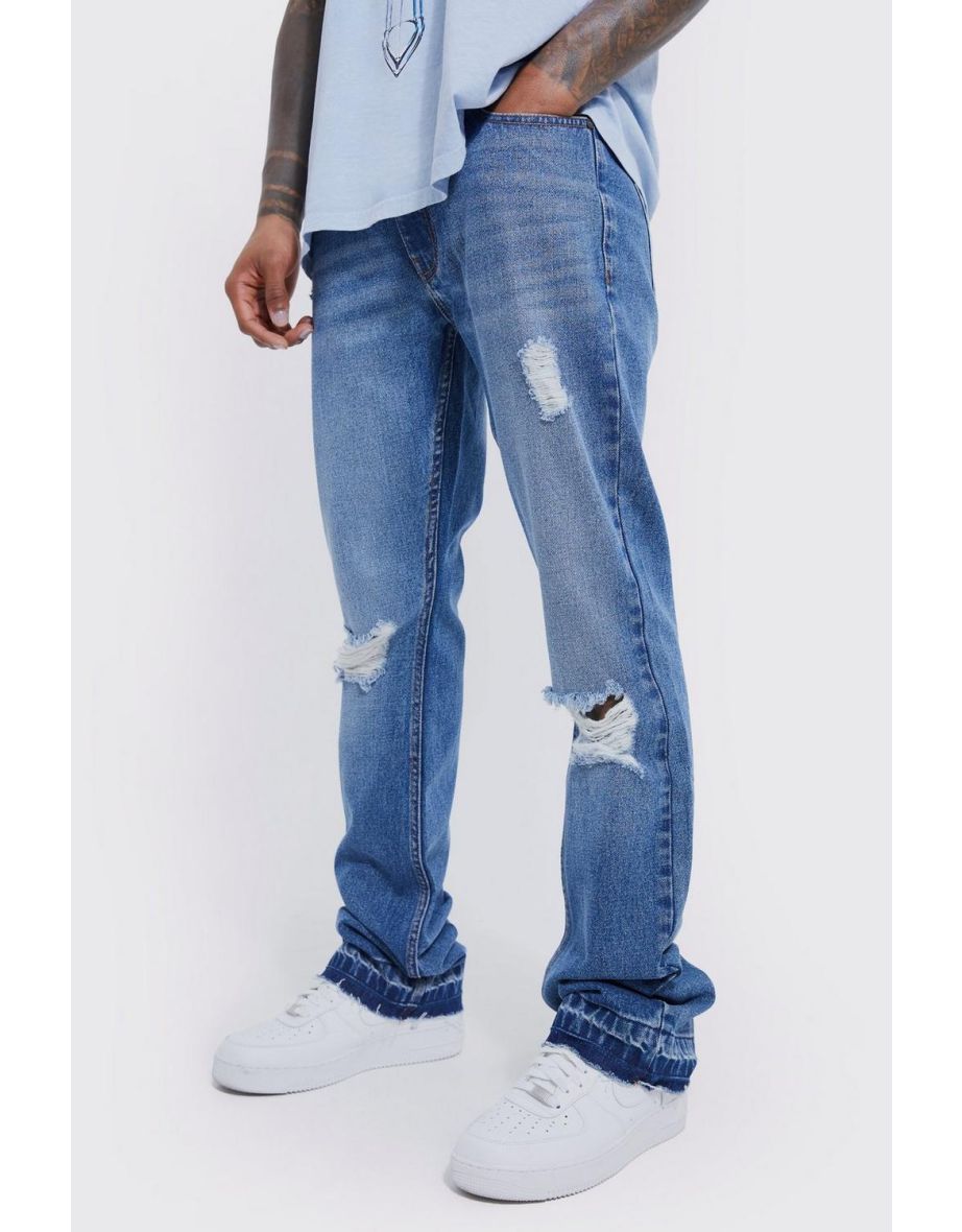 Slim Flare Jeans With Knee Rips - antique blue