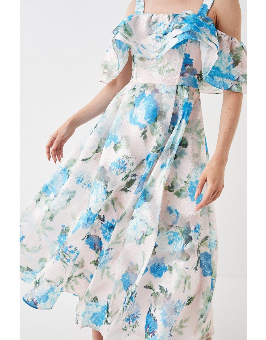 Jacquard Frill Bardot Midi Dress - 3