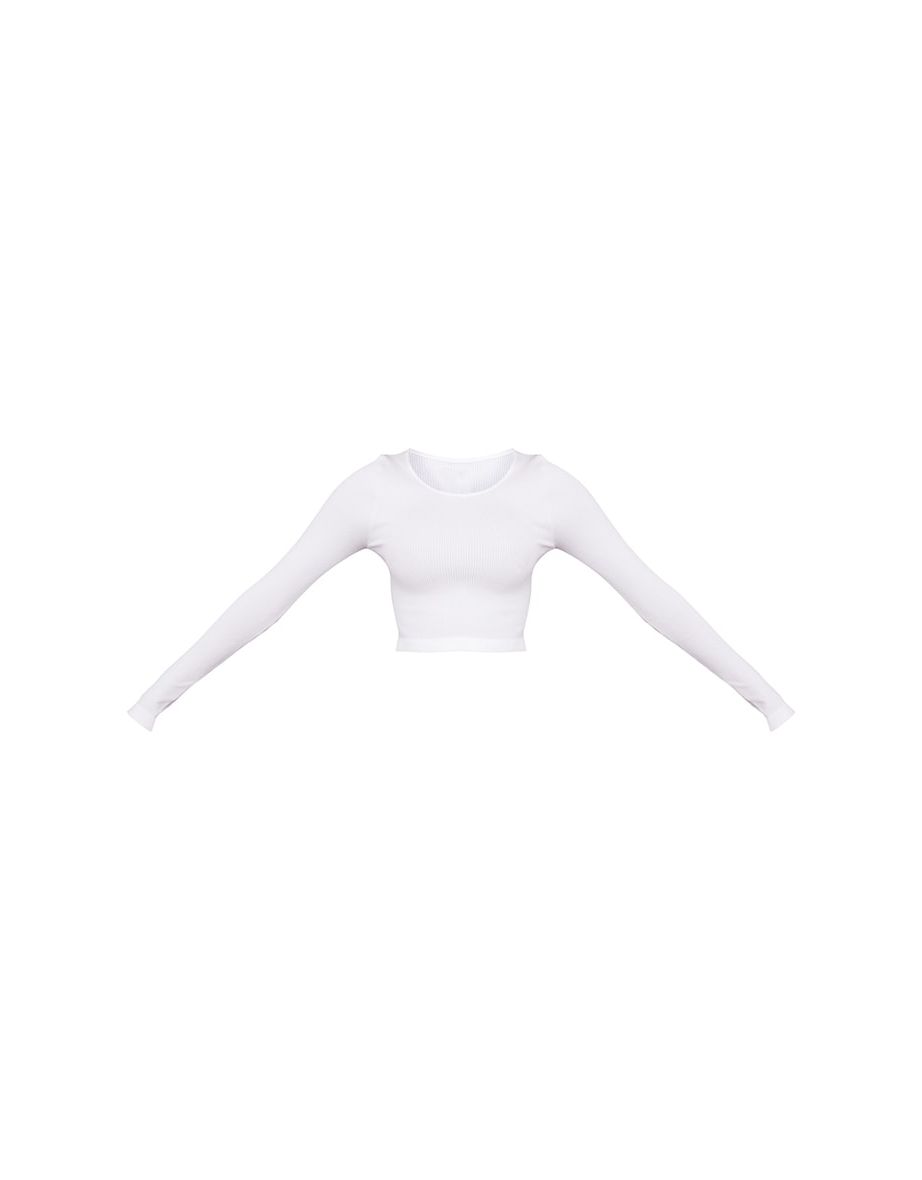 White Structured Contour Ribbed Round Neck Long Sleeve Crop Top - 4