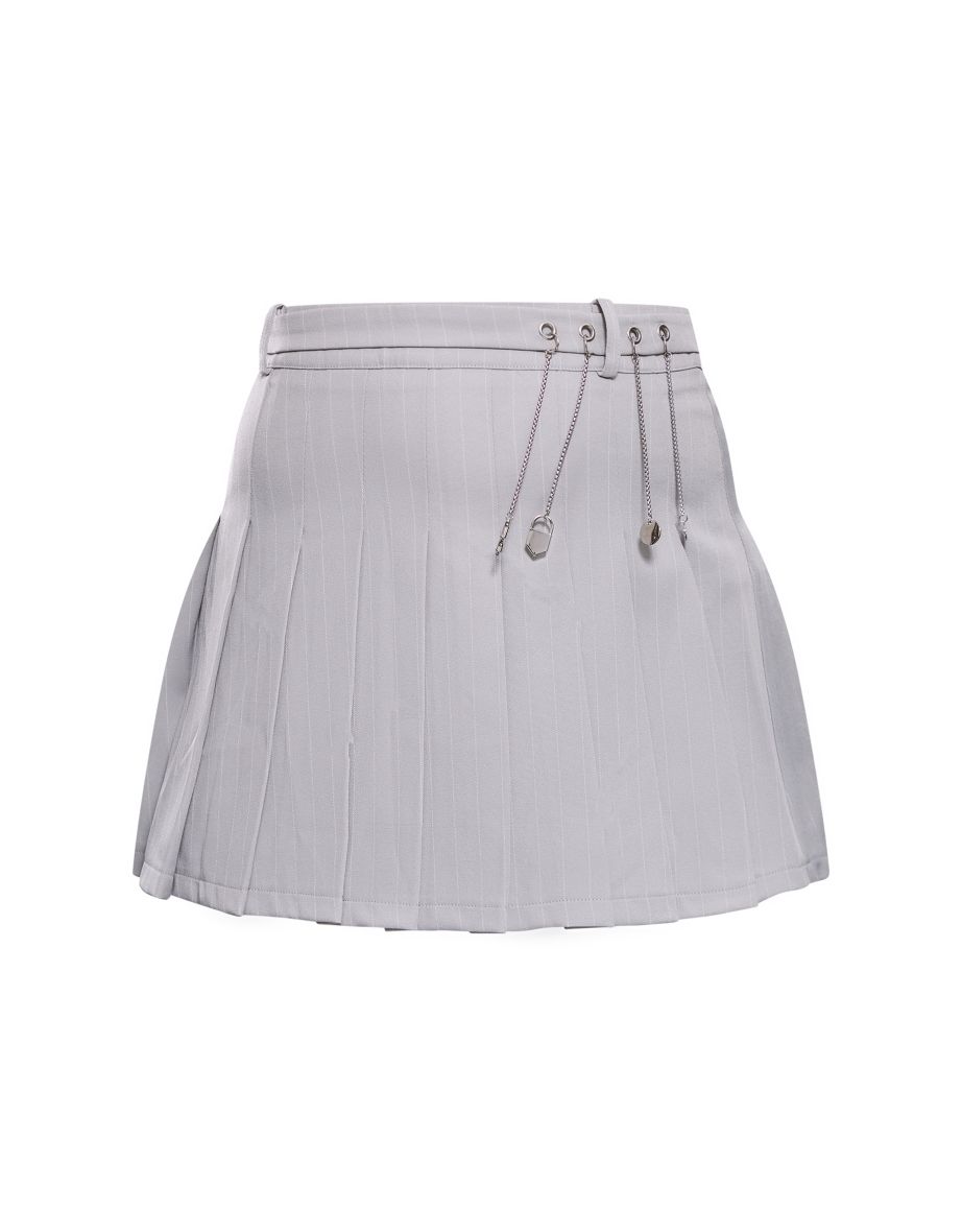 Grey Pinstripe Pleated Metal Trim Mini Skirt - 5