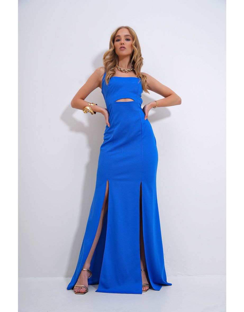 Women's Blue Adjustable Strap Out Cut Slit Graduation Dress - 5