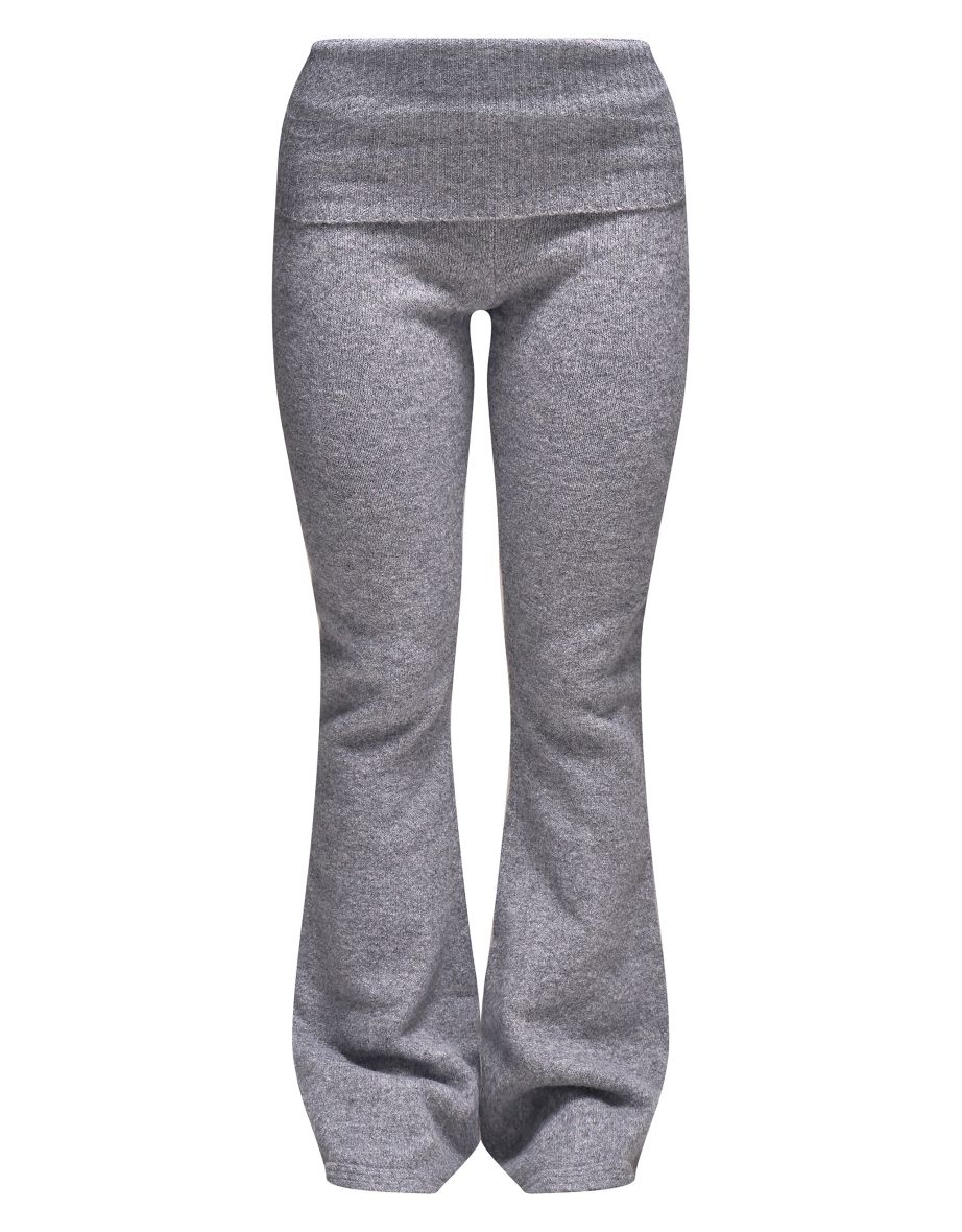 Ash Grey Melange Soft Knit Foldover Waist Flared Trousers - 4