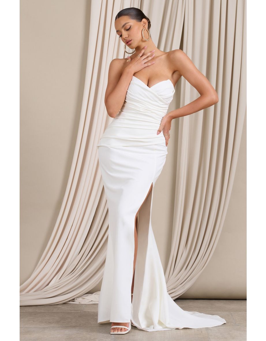 Elene | White Bardot Split Fishtail Maxi Dress - 4