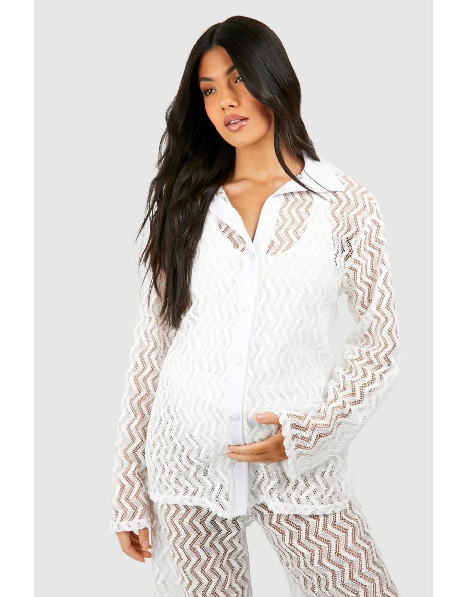 Maternity Crochet Button Down Wide Leg Beach Set - white - 3