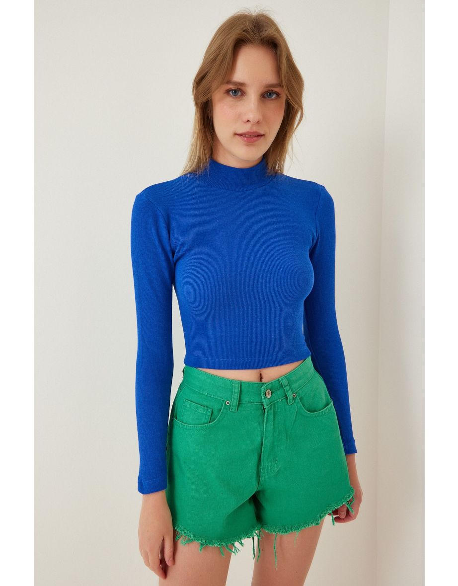 Women's Vibrant Blue Ribbed Turtleneck Crop Knitted Top