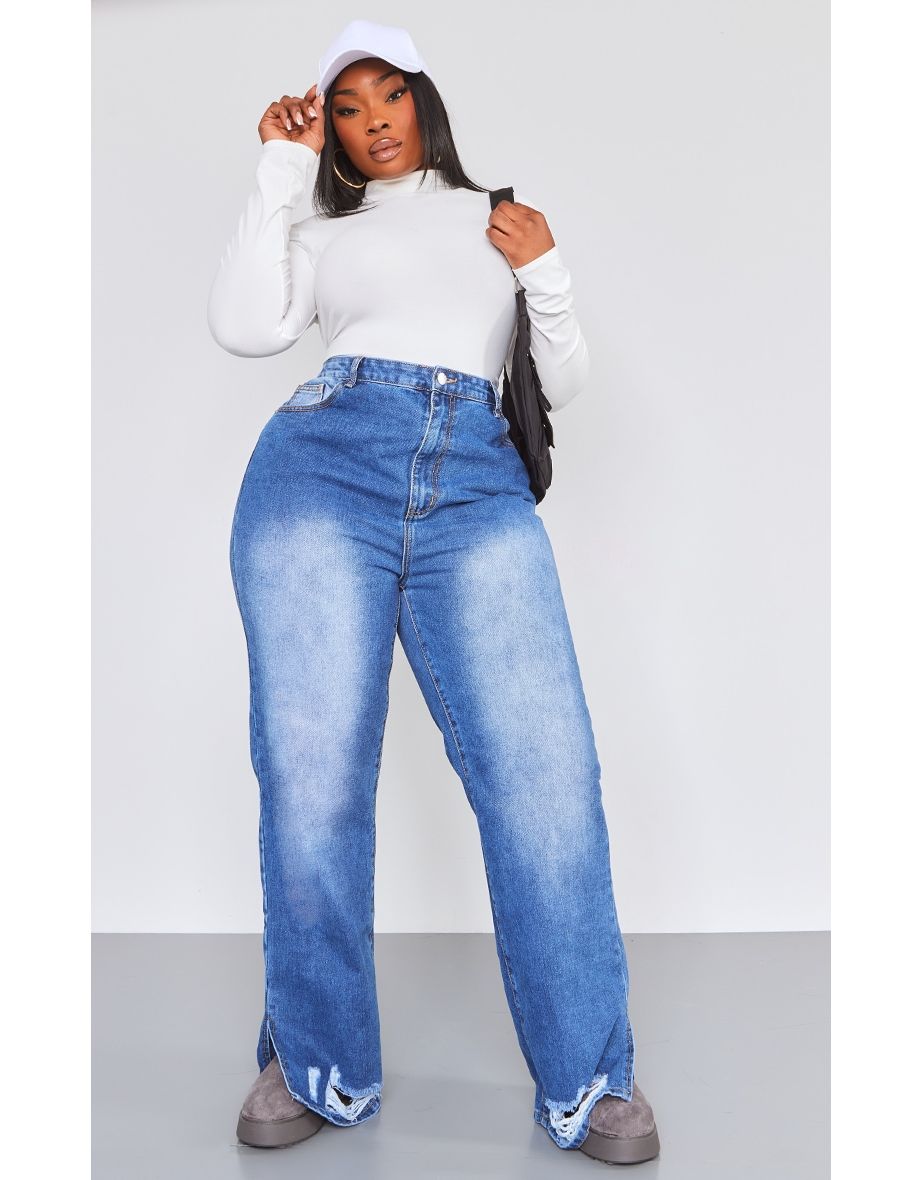 Plus Size Ripped High Waisted Straight Leg Jeans | Karen Millen