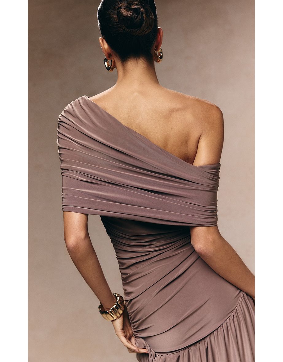 Taupe Double Layer Slinky Bardot One Shoulder Ruched Maxi Dress - 3