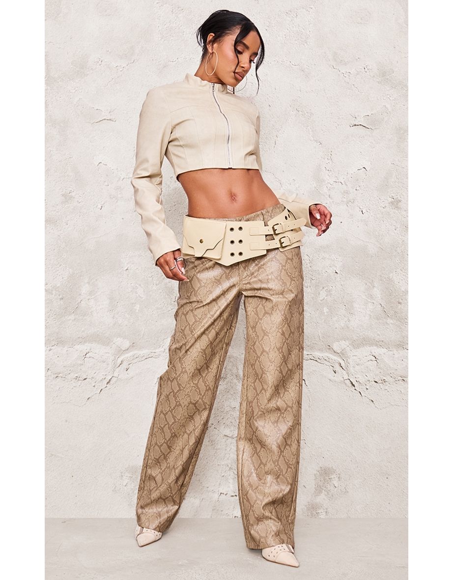 Cream Faux Leather Panel Details Biker Jacket
