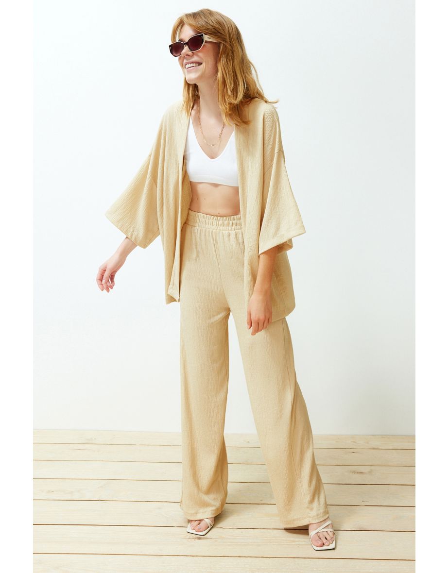Stone Relaxed/Comfortable Cut Kimono Knitted Top and Bottom Set