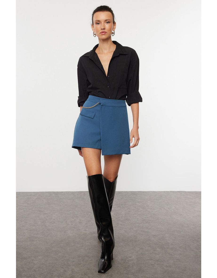 Indigo Chained Double Breasted Woven Shorts Skirt