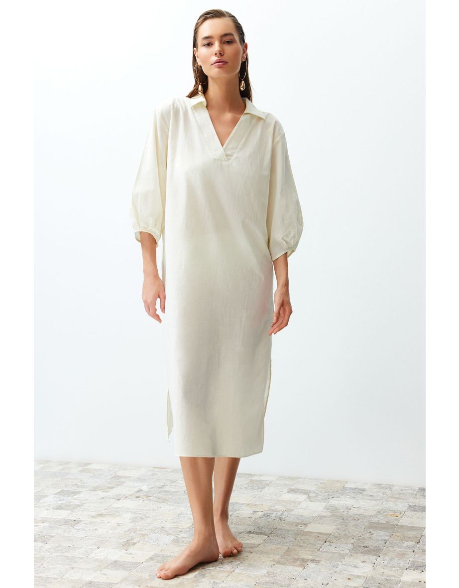 Ecru Wide Fit Midi Woven Balloon Sleeve 100% Cotton Beach Dress