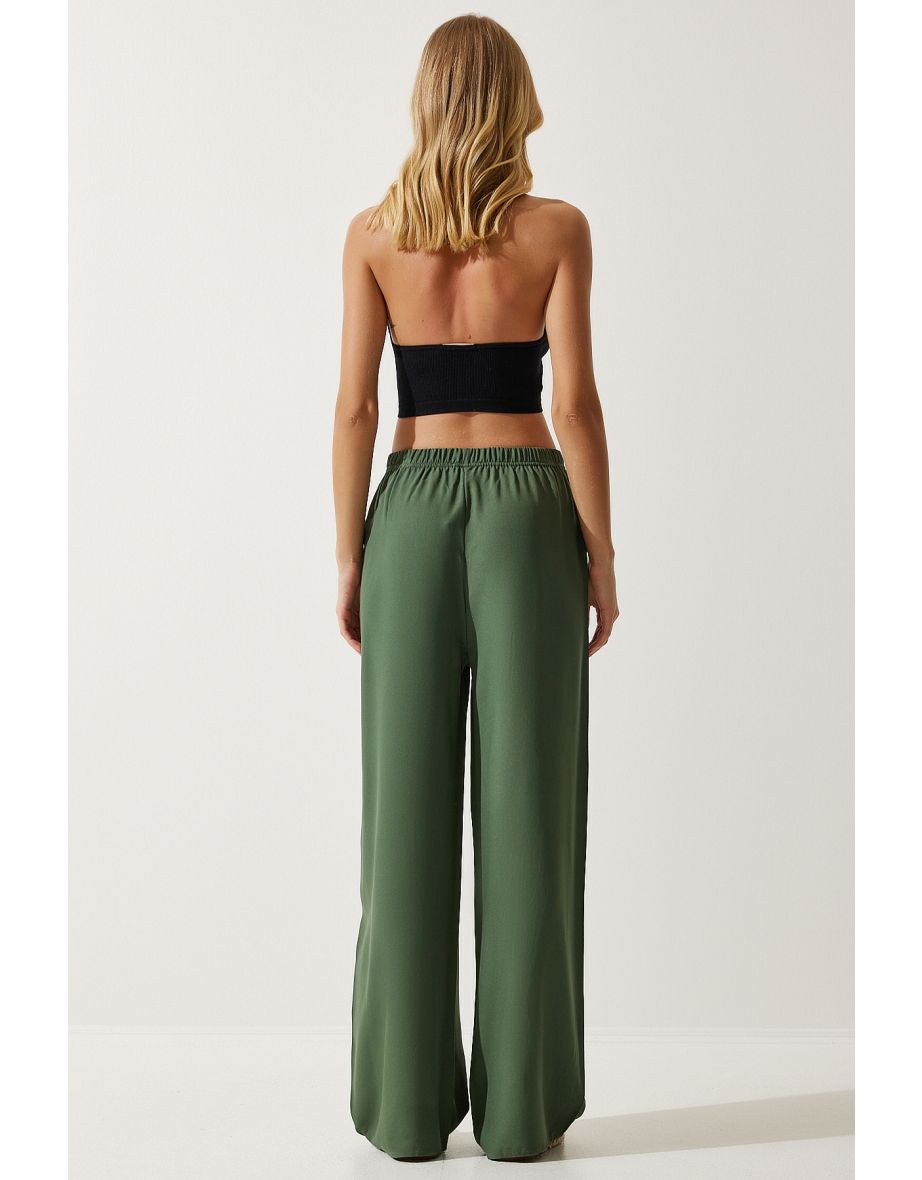 Women's Khaki Flowy Knitted Palazzo Trousers - 4