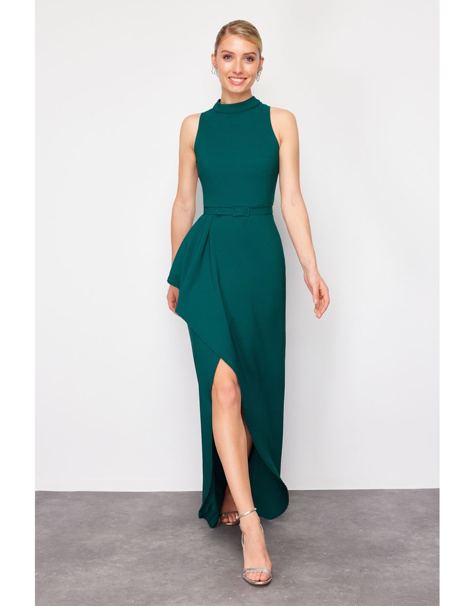 Emerald Green Flounce Detailed Belted Woven Long Elegant Evening Dress