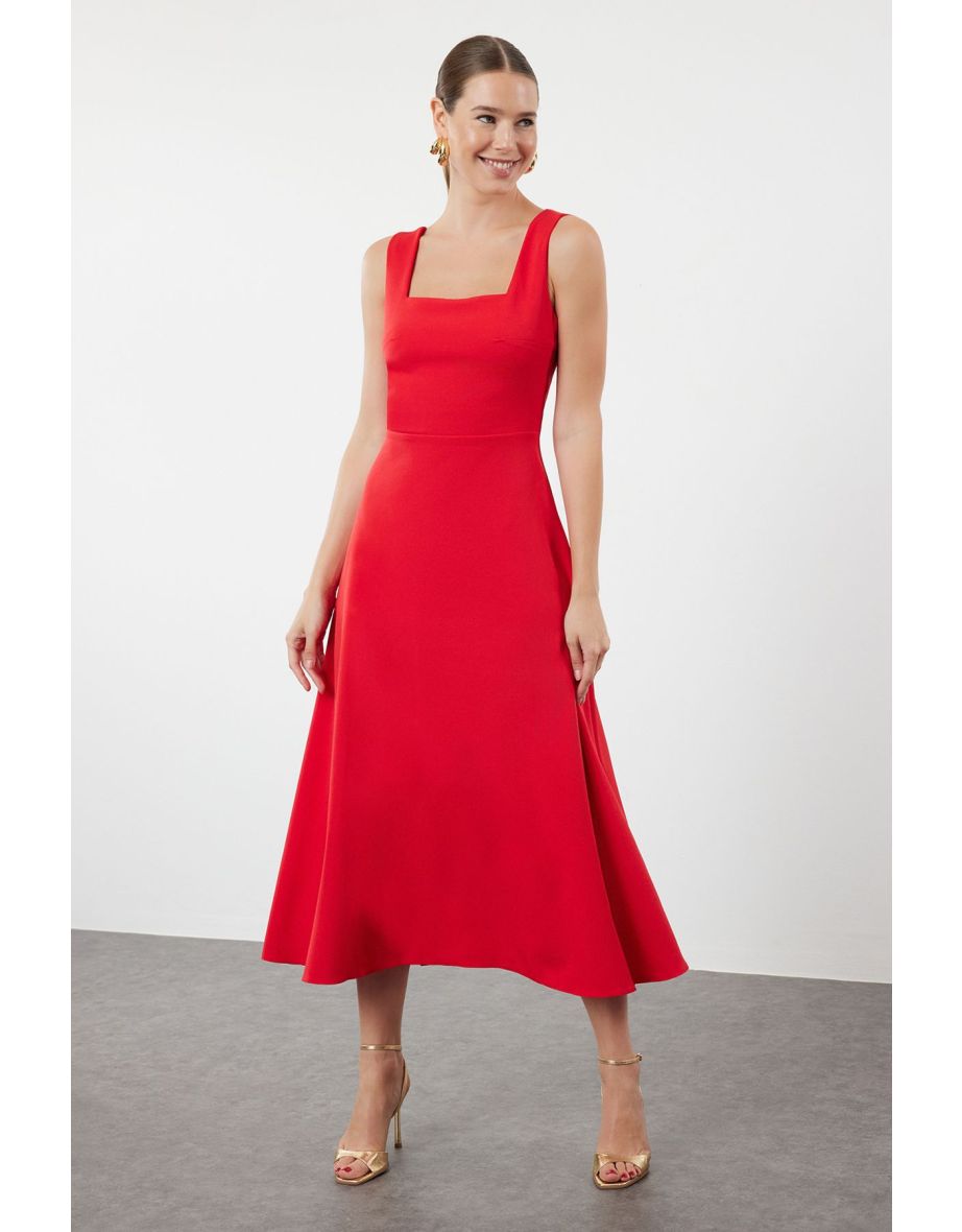 Red A-Cut Woven Elegant Evening Dress