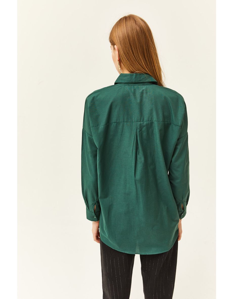 Women's Emerald Green Sequin Detailed Woven Boyfriend Shirt - 3