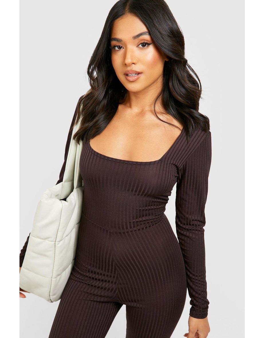 Petite Basic Square Neck Jumbo Rib Jumpsuit - chocolate - 3
