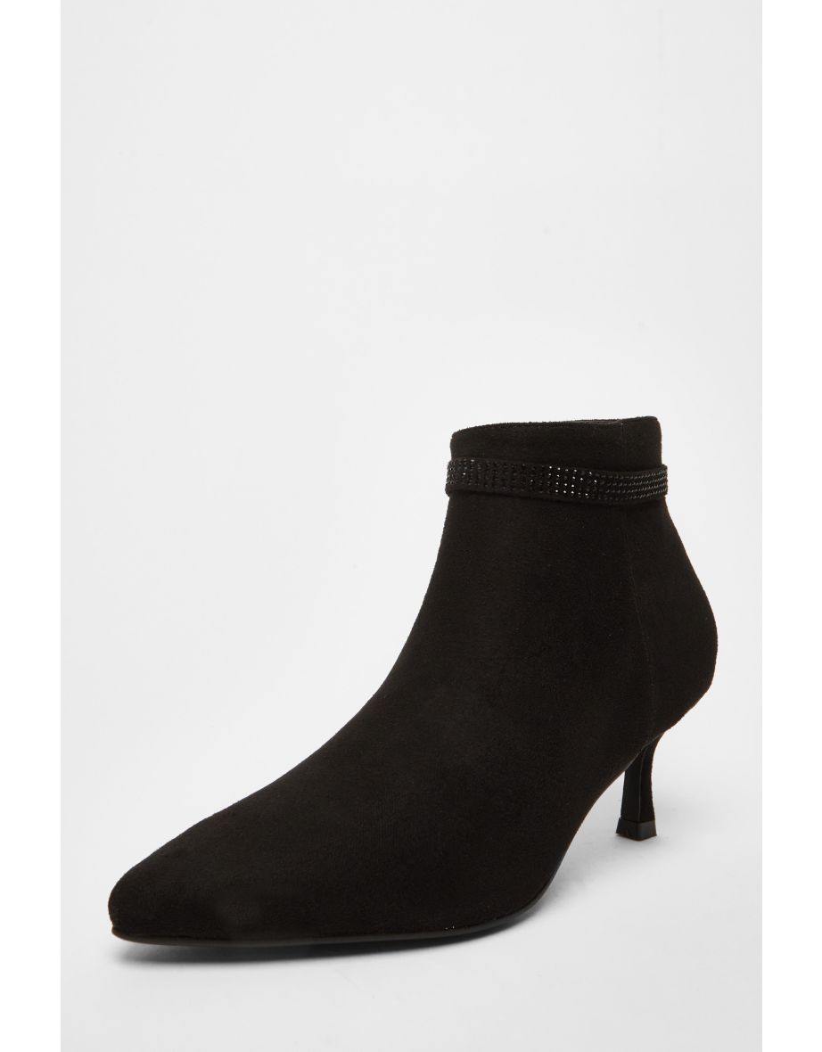 Black Faux Suede Diamante Bow Ankle Boot