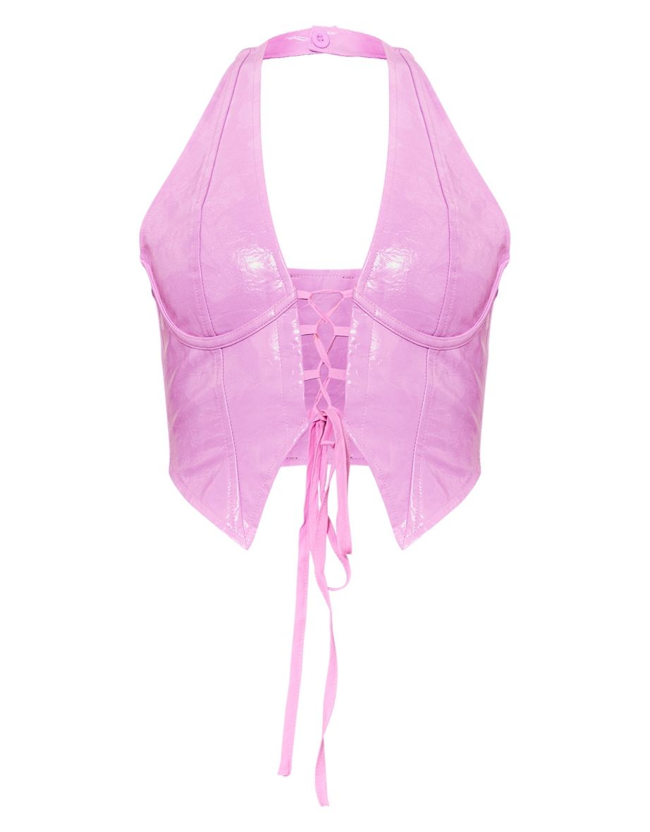 Baby Pink Washed Faux Leather Lace Up Plunge Halter Neck Top - 4