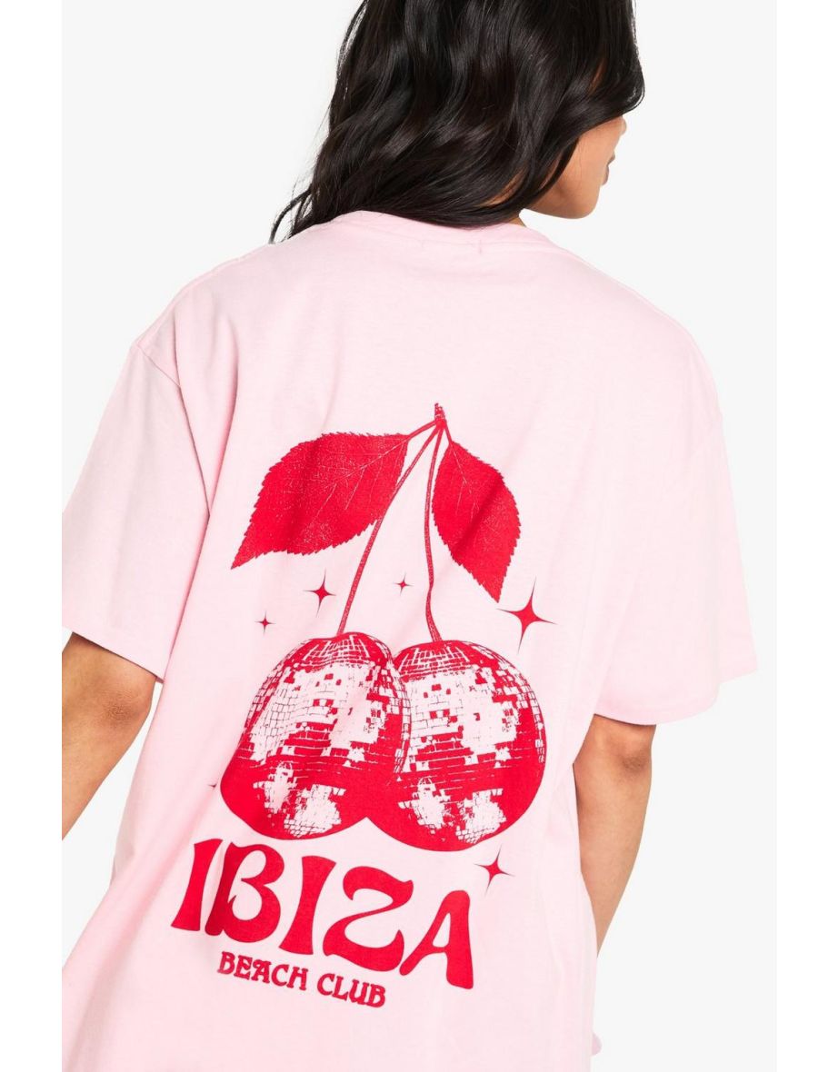 Ibiza Cherry Print Graphic Oversized T-Shirt - light pink - 3