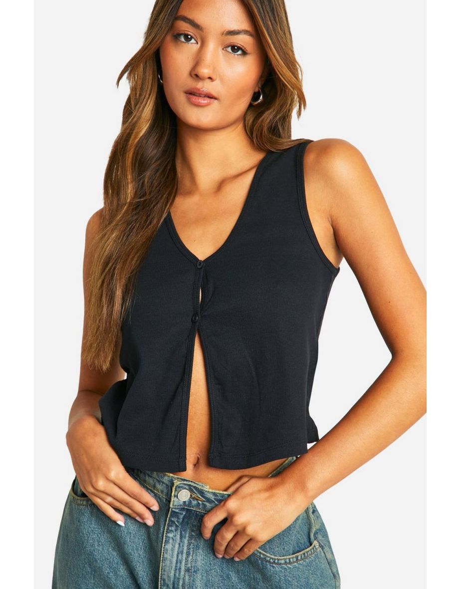 Sleeveless V Neck Waistcoat Top - black
