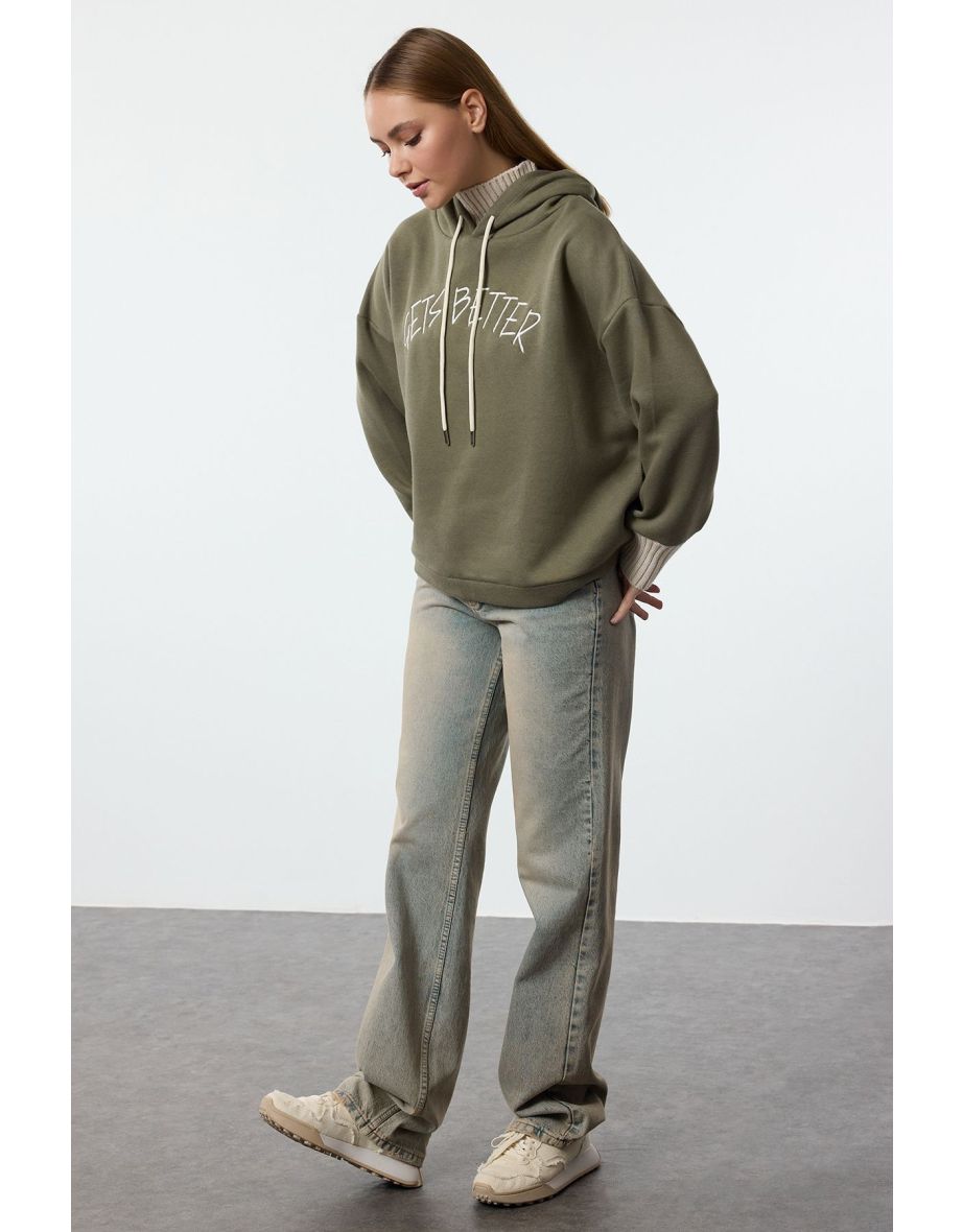 Khaki Thick Polar Fleece Knitted Stripe Detailed Hooded Sweatshirt