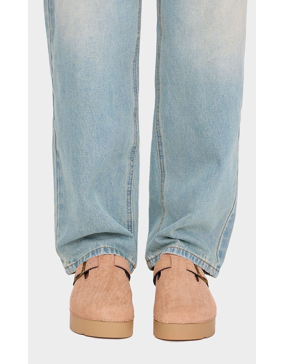 Beige Faux Suede Round Toe Slip On Platform Clogs
