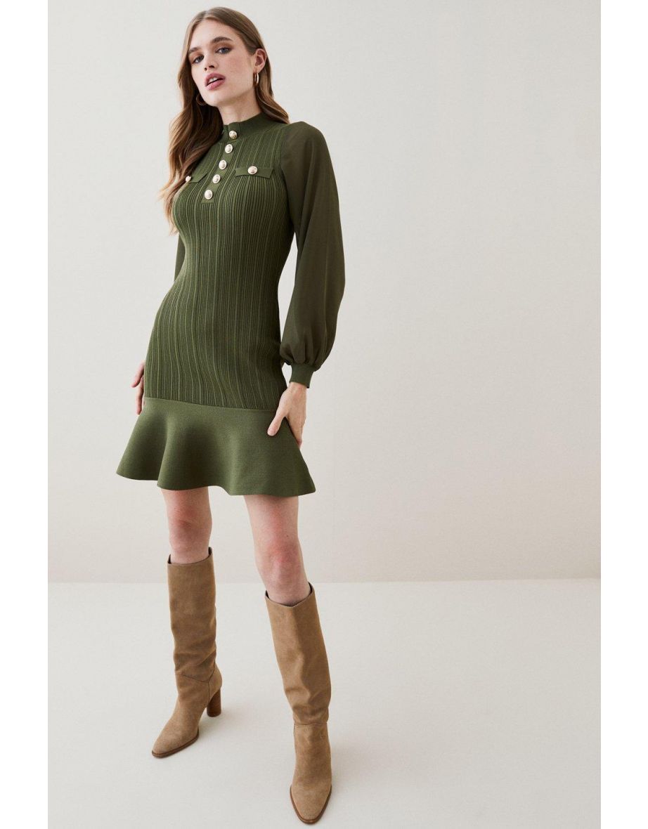 Military Trim Rib Knit Chiffon Sleeve Mini Dress