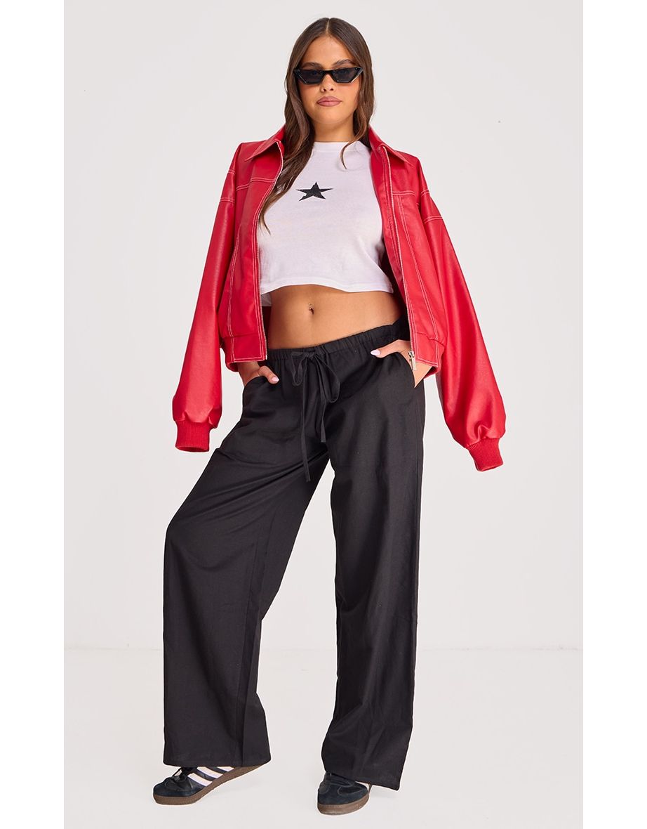 Black Linen Drawstring Waist Trousers