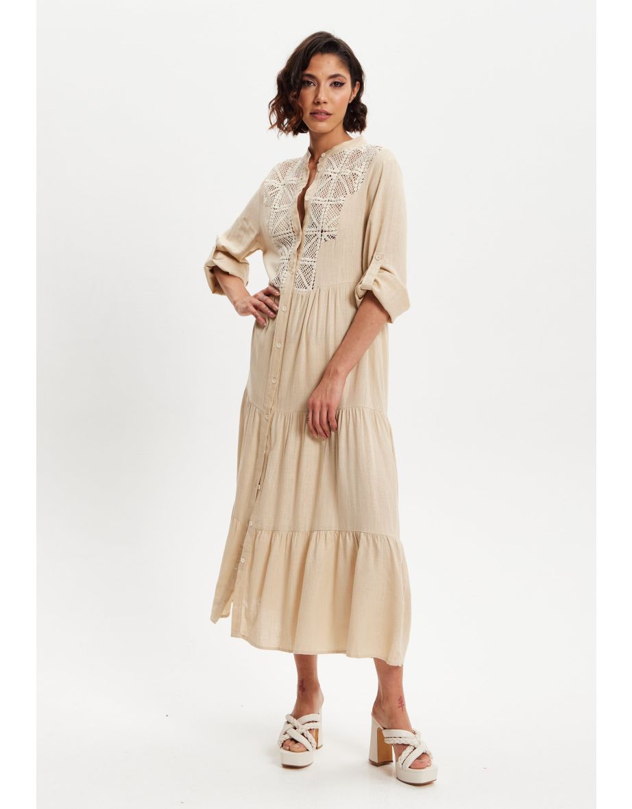 Women's Broderie Anglaise Collar Detail Maxi Dress with Adjustable Sleeves, Ruched Cut, Elegant White Design