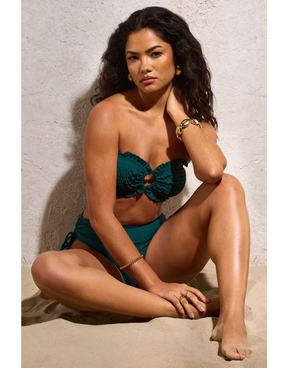 Wanderlust | Bottle Green Textured Ring Bandeau Bikini Top - 3