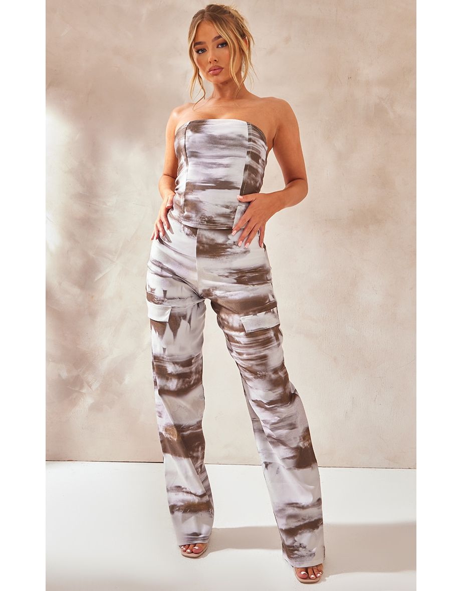 Taupe Abstract Print Stretch Woven Low Rise Cargo Pants