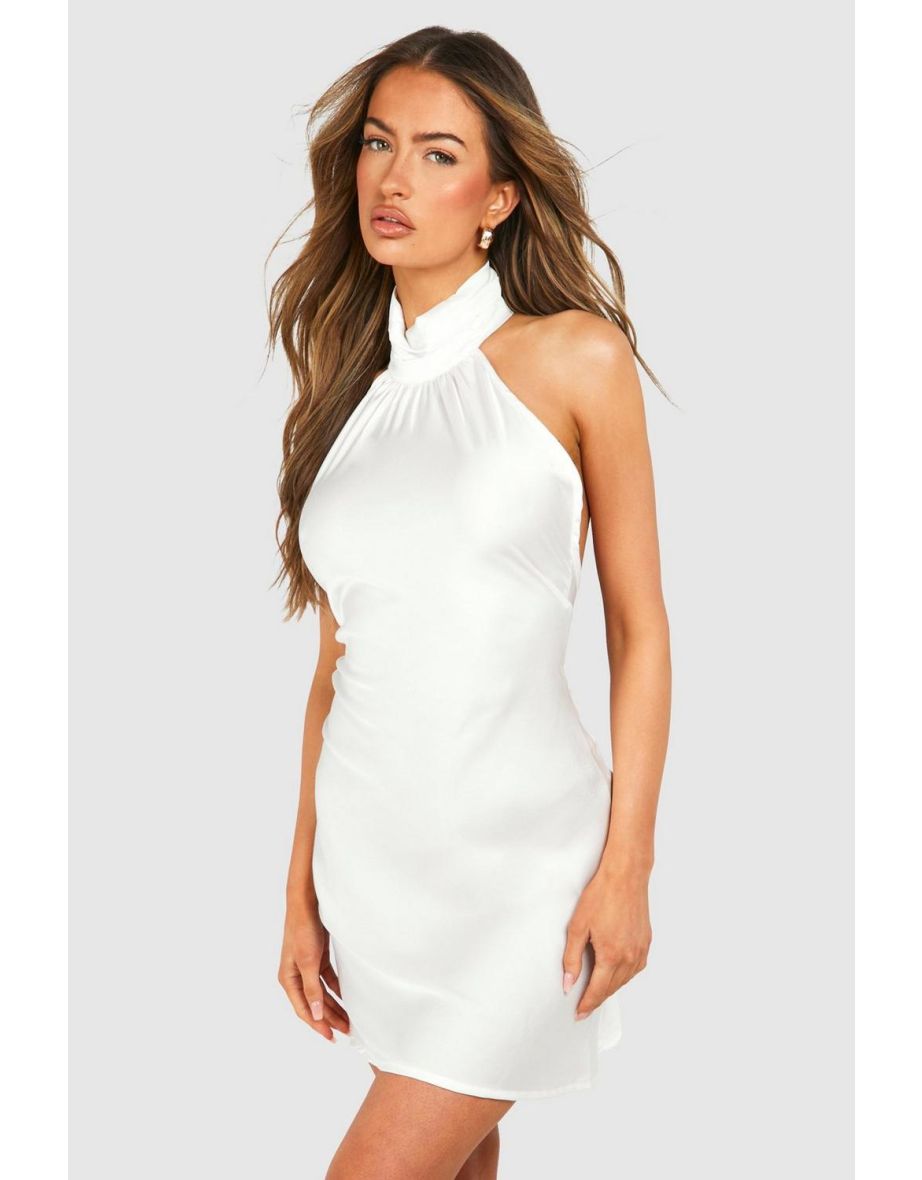 Satin Halterneck Mini Dress - white