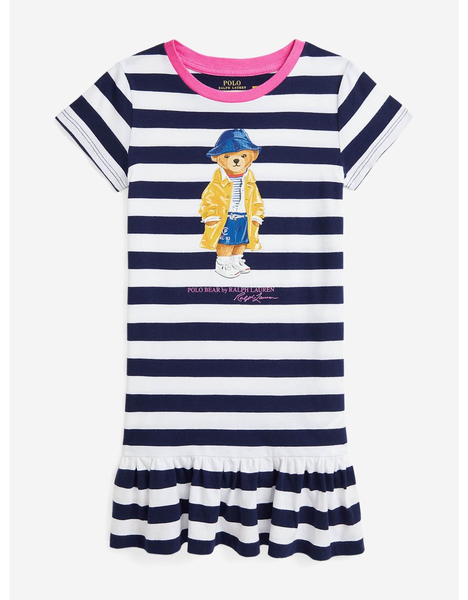 Girls Striped Polo Bear T-Shirt Dress in Navy