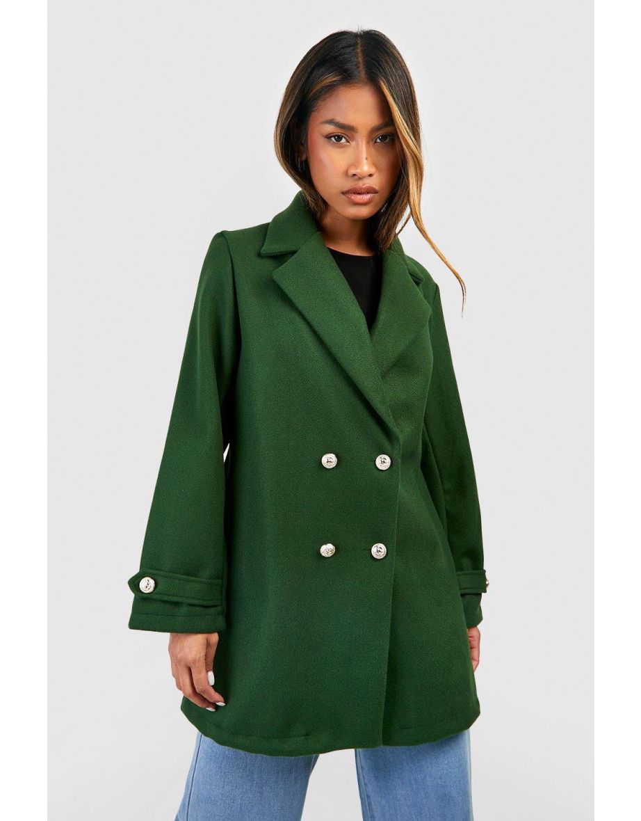 Button Detail Wool Look Longline Coat - khaki