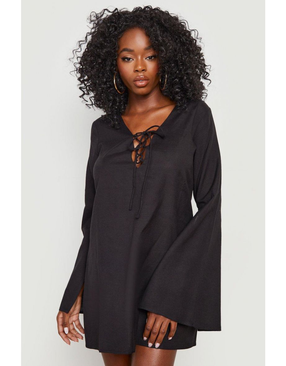 Linen Tie Plunge Cover Up Beach Dress - black