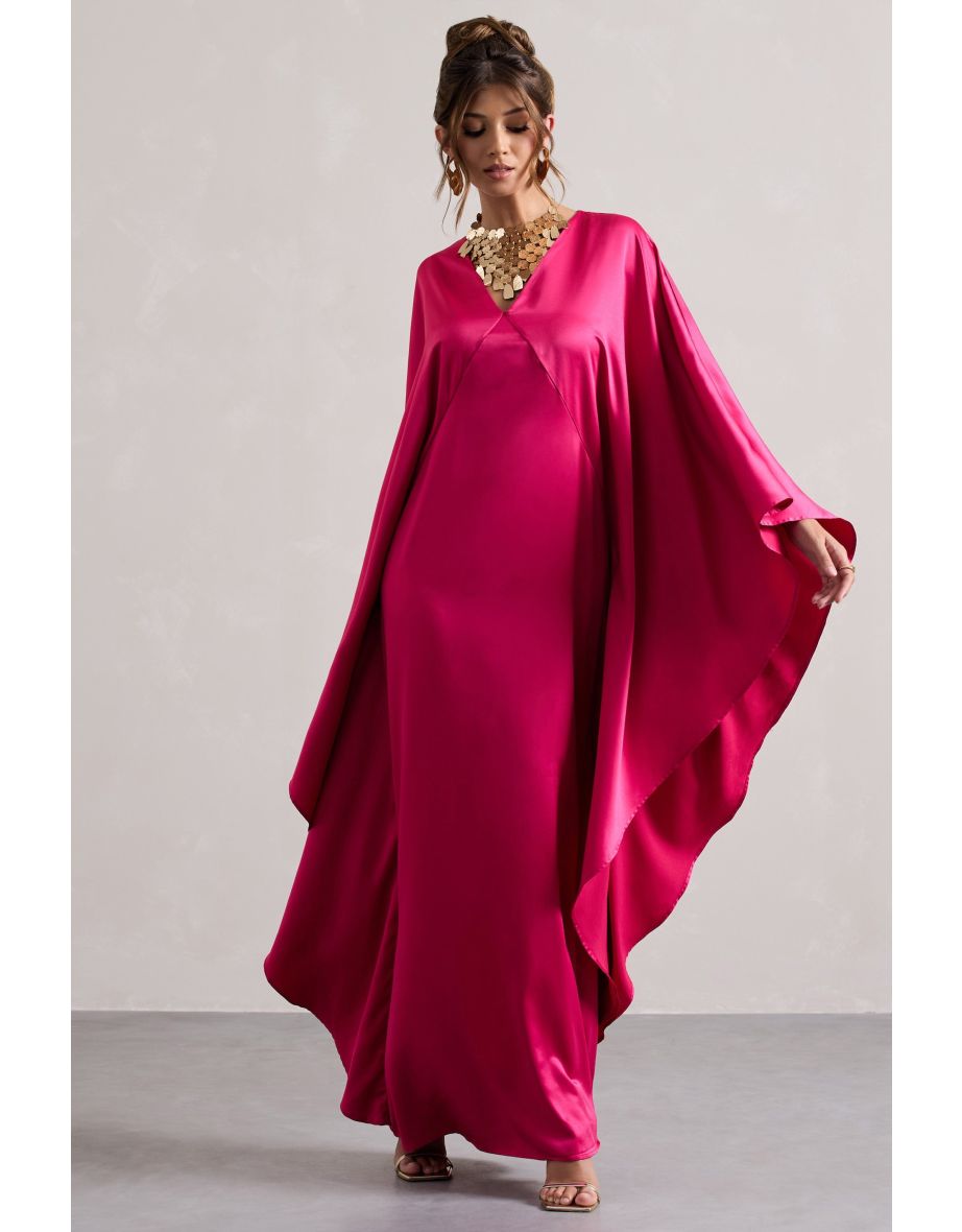 Alohi | Hot Pink Satin Plunge Cape Maxi Dress - 4