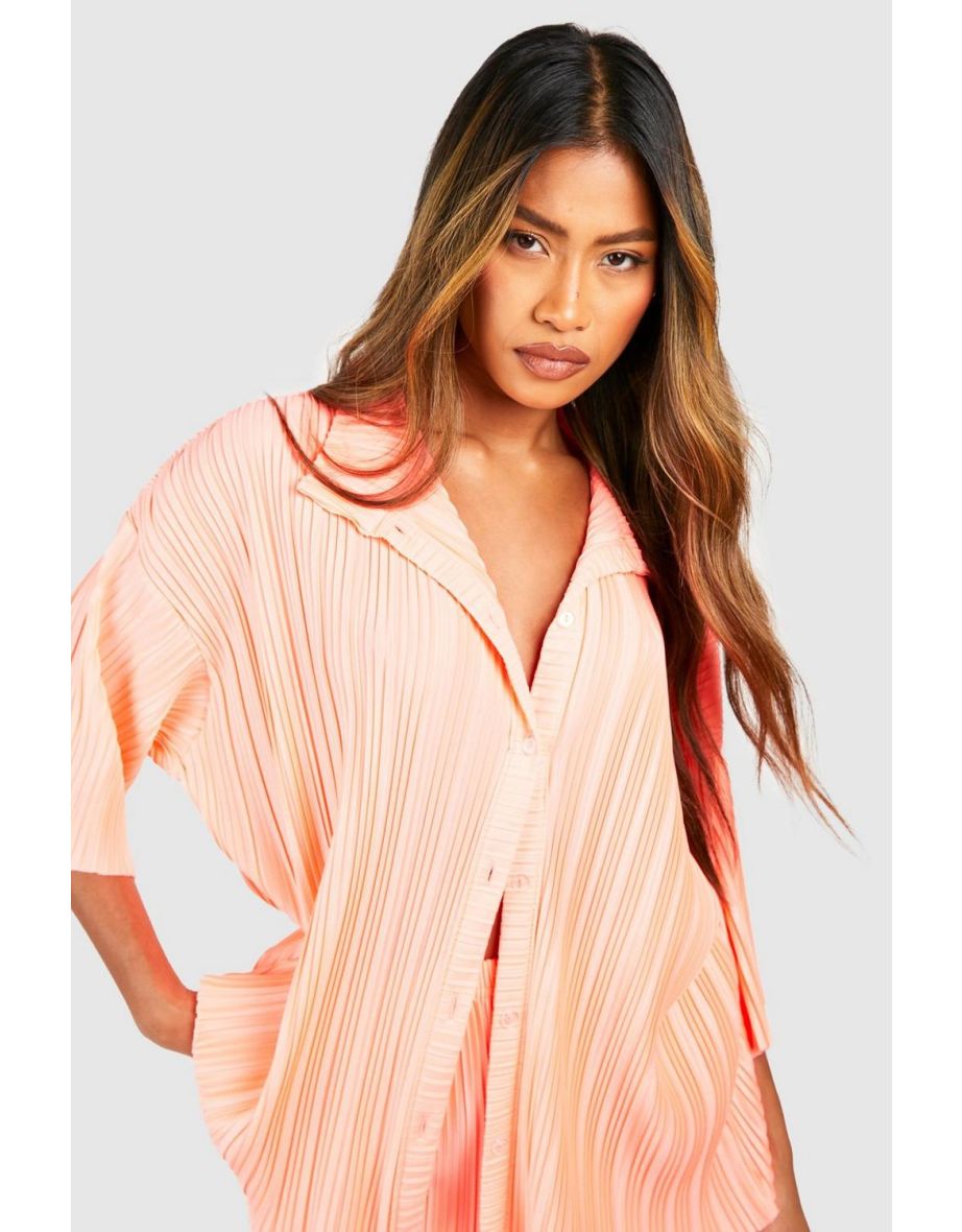 Neon Plisse Relaxed Fit Shirt - neon-coral - 3