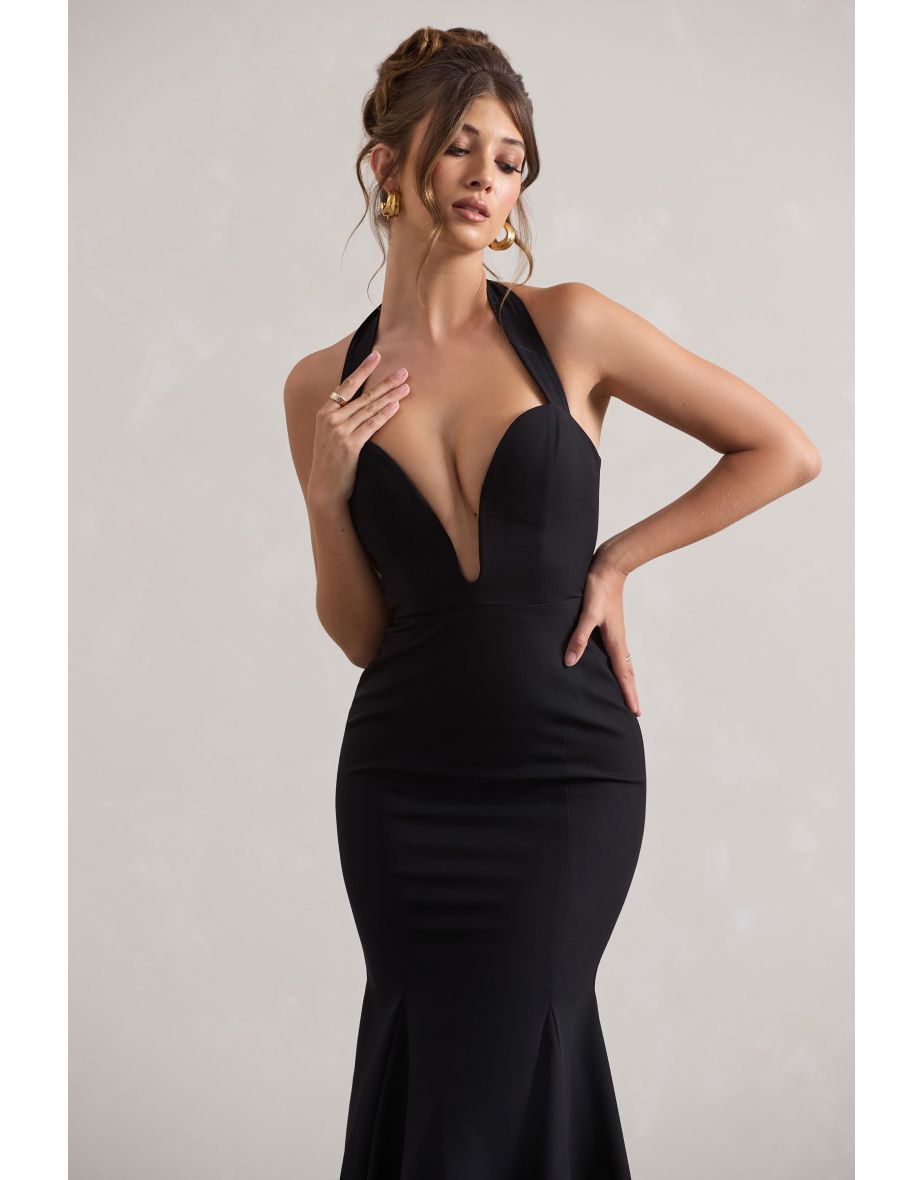 Plaza | Black Plunge Halter-Neck Fishtail Maxi Dress