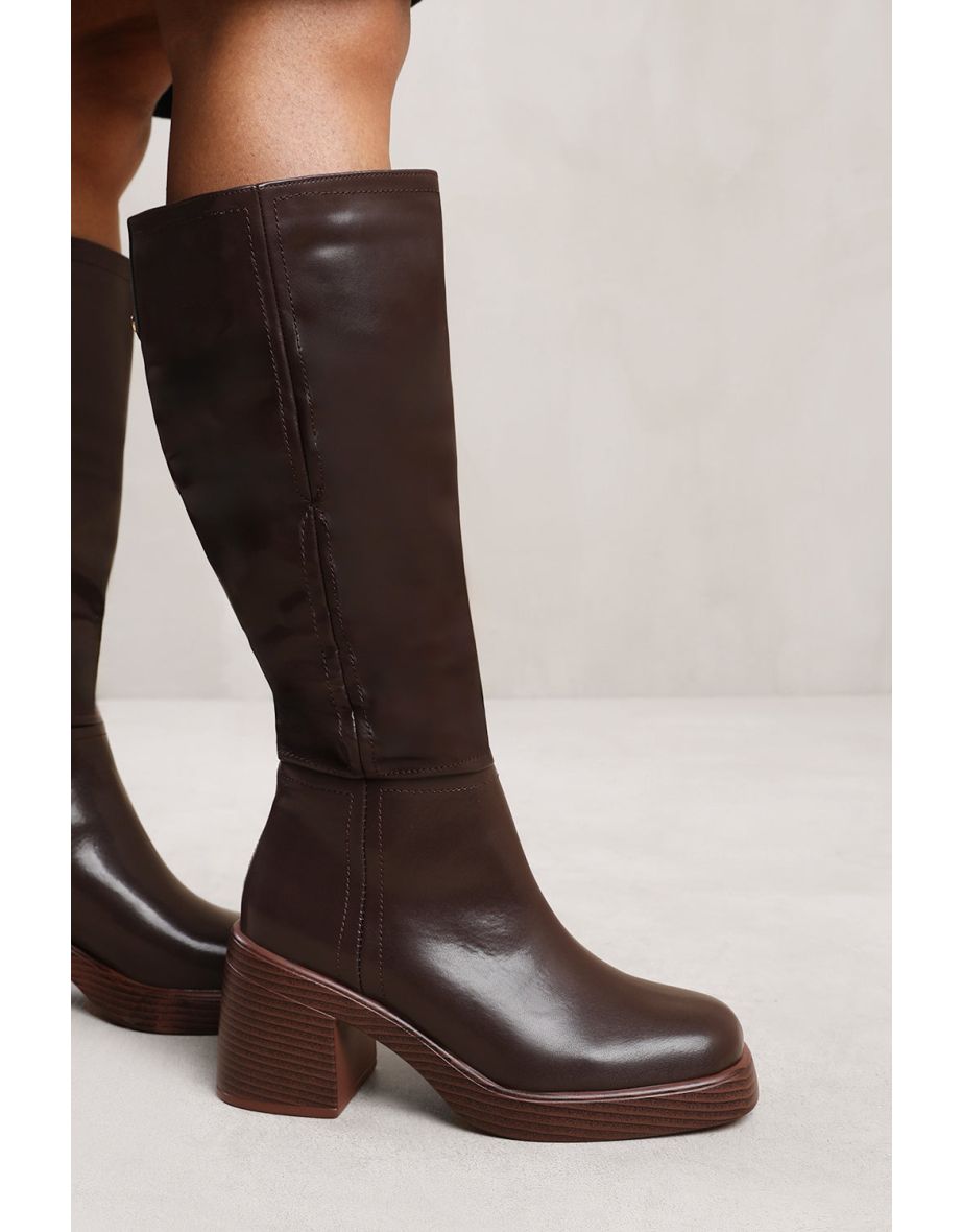 MADDIE BELOW KNEE BOOT WITH CHUNKY HEEL IN BROWN FAUX LEATHER - 1