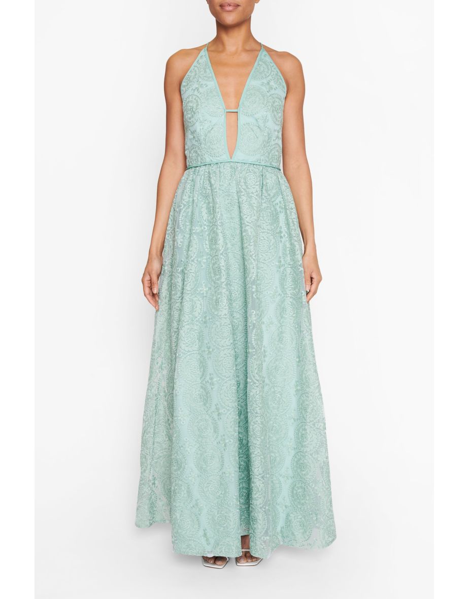 Matilda Dusty-Green Embroidery Plunge-Front Cross-Back Maxi-Dress