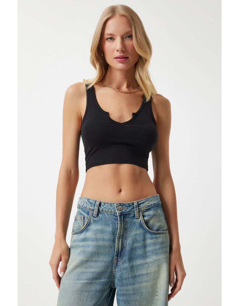 Women's Black Strappy Crop Knitted Blouse