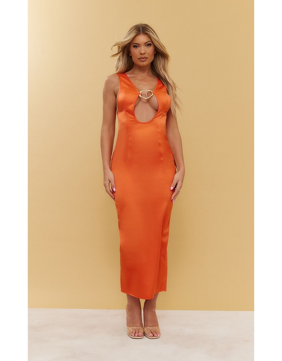 Tangerine Satin Plunge Trim Detail Strappy Midaxi Dress