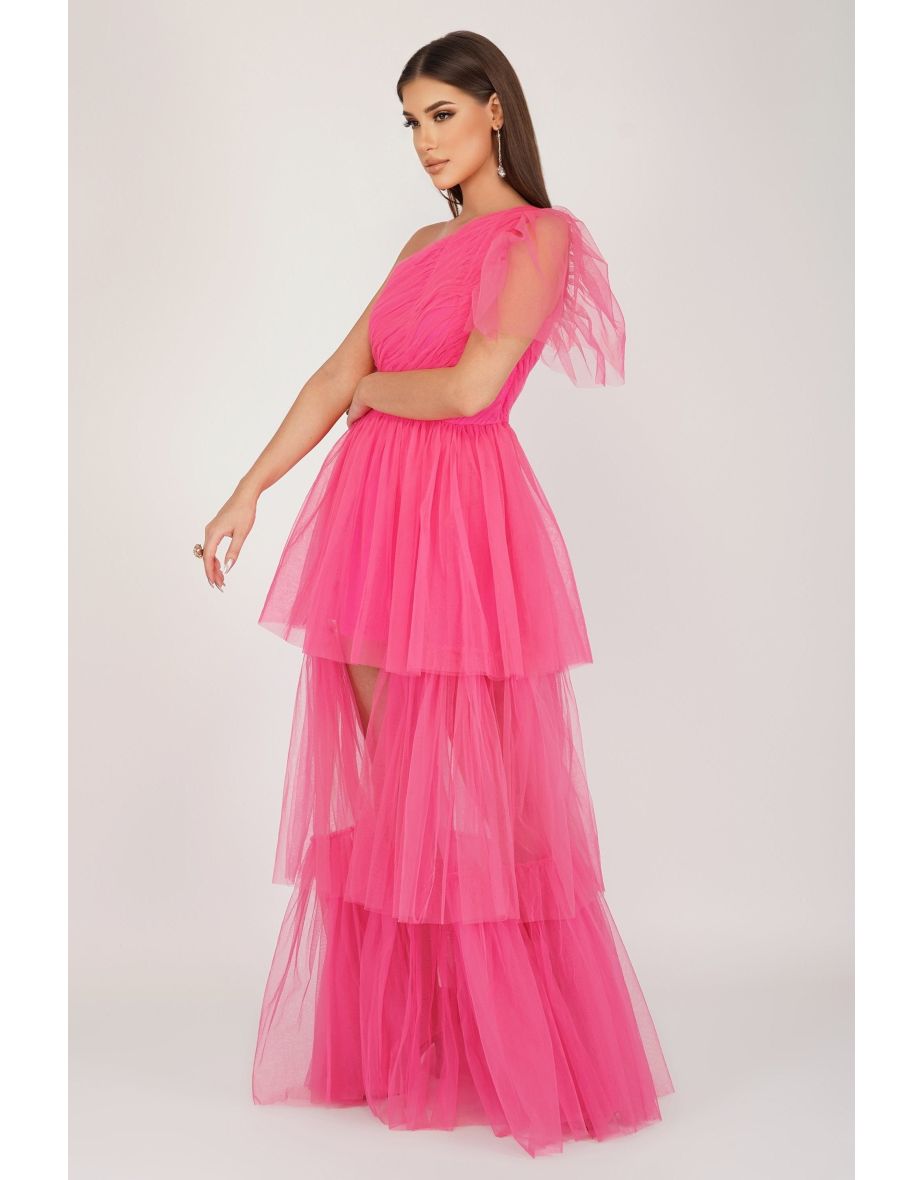Rowena Bright Pink One Shoulder dress Tulle Gown - 4