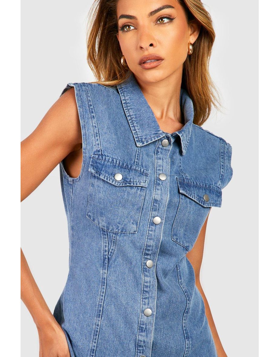 Sleeveless Western Denim Dress - light blue - 3