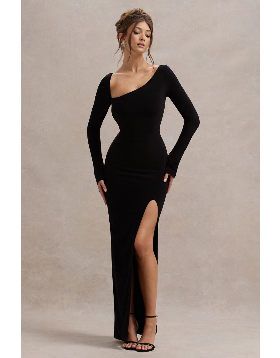 Cosmos | Black Asymmetric Long-Sleeve Split Maxi Dress