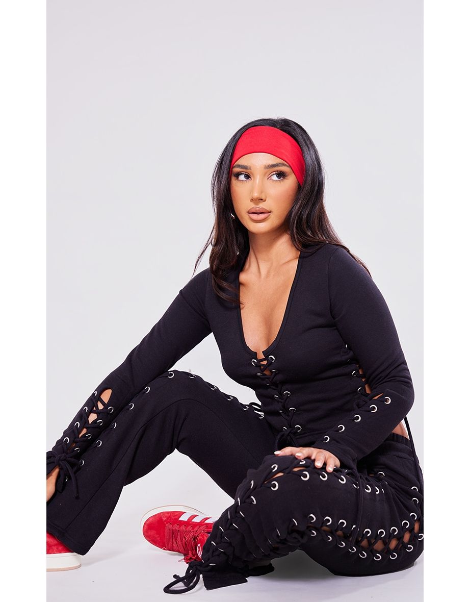 Petite Black Eyelet Detail Fitted Crop Top