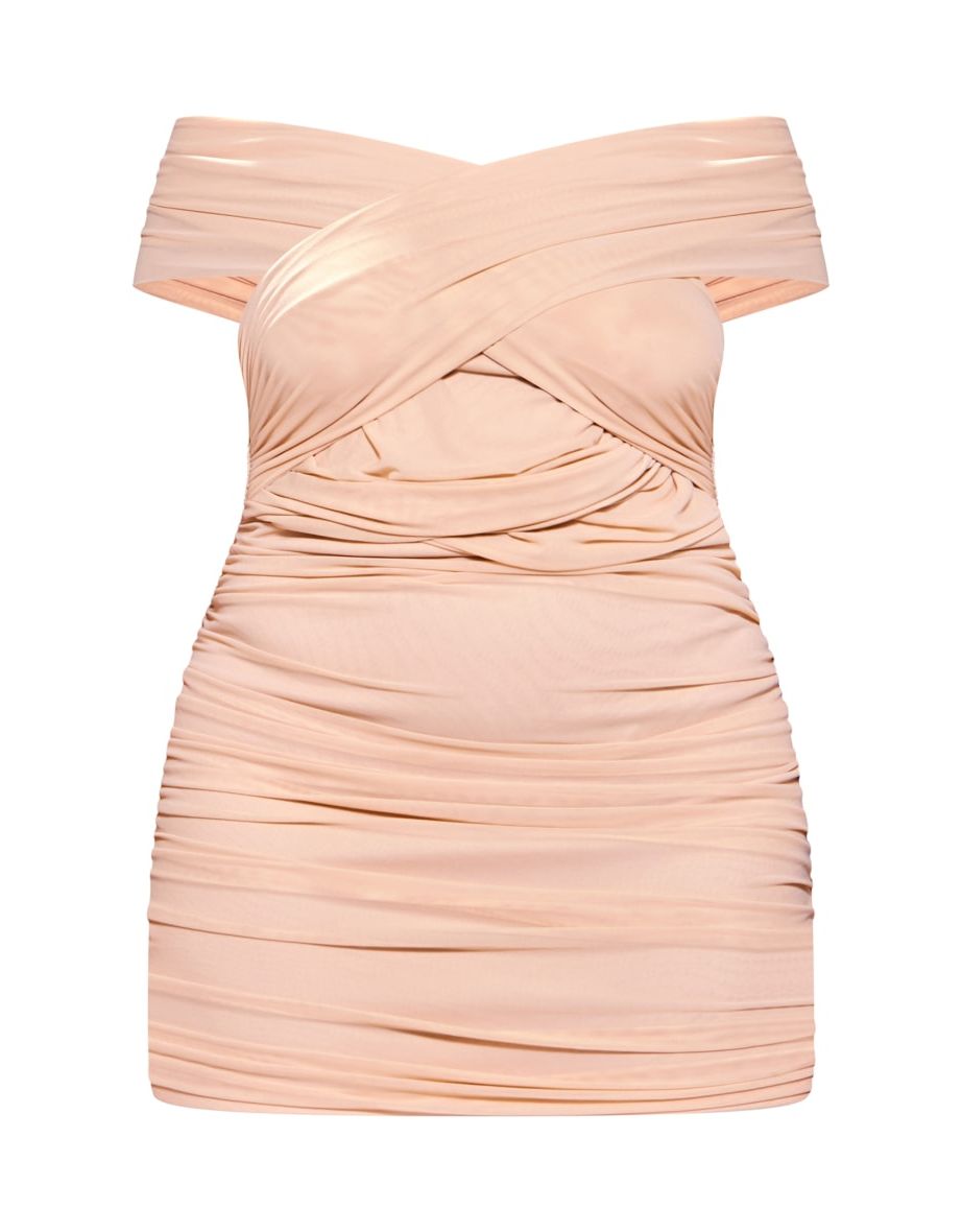 Plus Nude Mesh off Shoulder Detail Ruched Bodycon Dress - 4