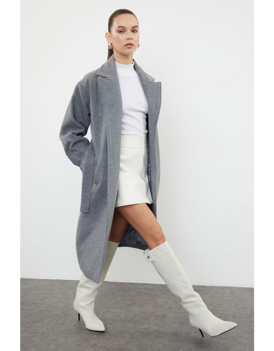 Gray Regular Belted Coat