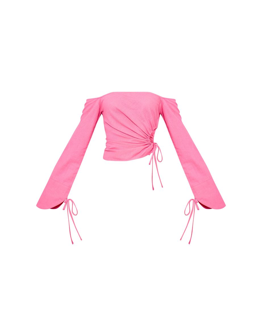 Hot Pink Linen Look Bardot Tie Detail Top - 4
