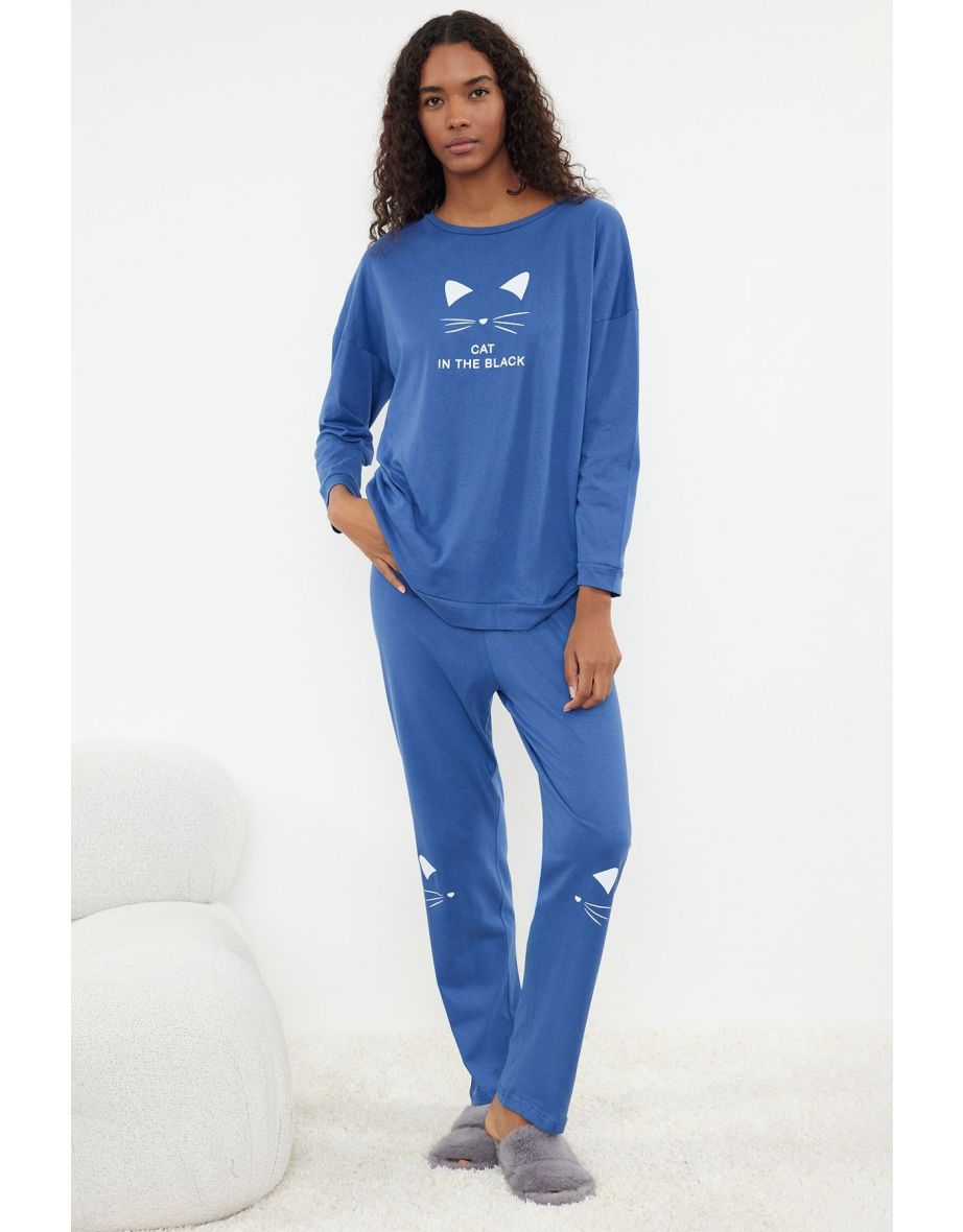 Shop Blue 100 Cotton Slogan 2 Thread Knitted Pajama Set Online in Qatar VogaCloset